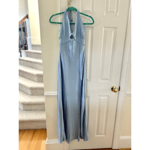 NWT Showpo Adriene Baby Blue Satin Plunge Babydoll Slit Halter Maxi Dress - Picture 2 of 7